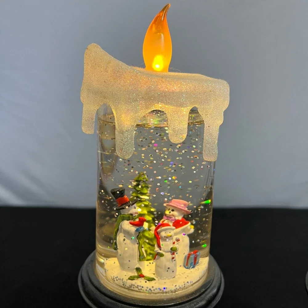Set of‎ 2 Christmas Snow Globe LED Candles Santa Snowman Pedestal 10.5 Inch